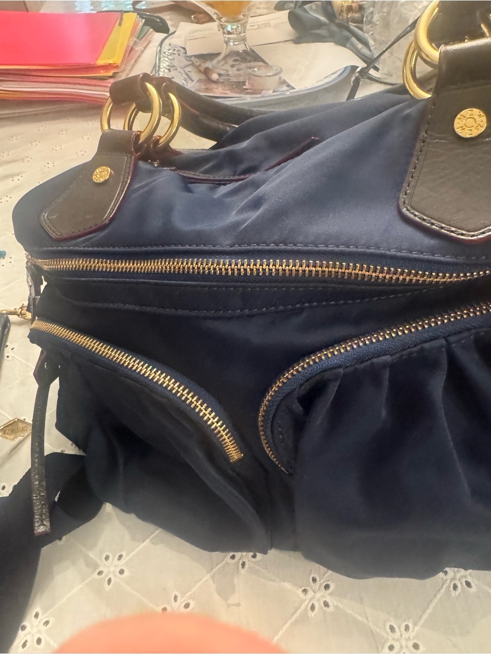 MZ Wallace Navy Shoulder Bag with Gold Hardware and Black Trim